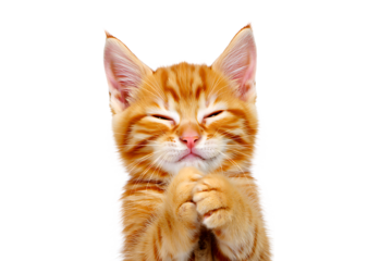 Cute ginger kitten with eyes closed praying for treats and happiness