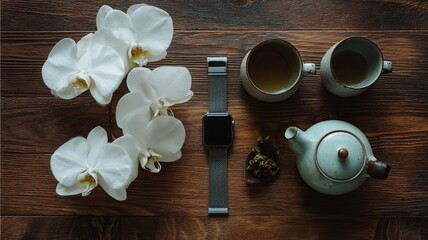 Wireless Charging Pad and Jasmine Flowers on Ceramic Tray