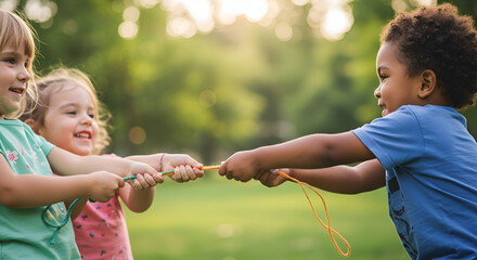 Children playing tug of war with rope