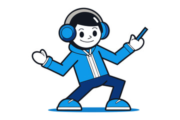 Energetic cartoon character wearing headphones and a blue jacket dancing with enthusiasm and holding a pointer stick