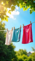 Fresh Laundry Drying in Sunshine A Vibrant Summer Scene of Clean Clothes Gently Waving in the Breeze, Perfect for Cleaning, Freshness, and Spring Themes.