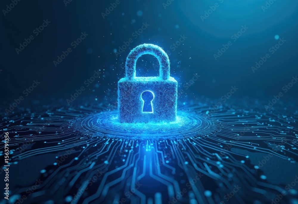 Poster Digital Lock Symbolizing Cybersecurity with Circuit Board Background