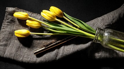 Coffee Cup and Freesia Flowers on Linen Cloth
