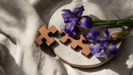 Linen Makeup Bag and Peony Petals on Ceramic Plate
