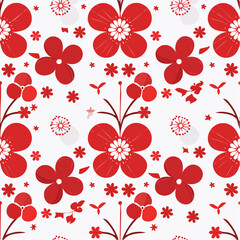 A vibrant and detailed floral pattern illustration featuring stylized red blossoms with white centers and various decorative elements on a light background.
