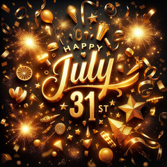 Festive and glamorous design celebrating July 31st with golden decorations and party elements