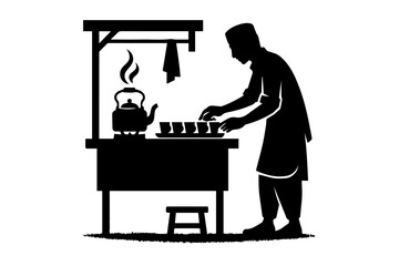 Traditional Tea Seller Silhouette with Steaming Kettle and Cups – Nostalgic Street Vector in Black and White