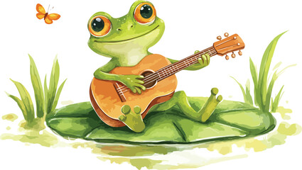 Fototapeta premium Cute green tree frog cartoon character on a leaf, a funny amphibian illustration for kids