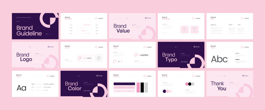 Brand guidelines template, Landscape brand identity presentation, Pink and purple, modern and clean design, Logotype guidelines template for fashion, beauty, creative agency