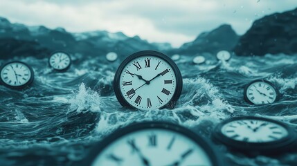 A mindscape where clocks melt into rivers of time, blending past, present, and future
