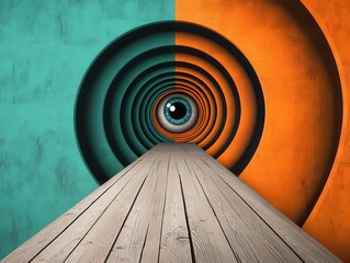 A surreal tunnel made of spiraling eyes, leading to the depths of the subconscious