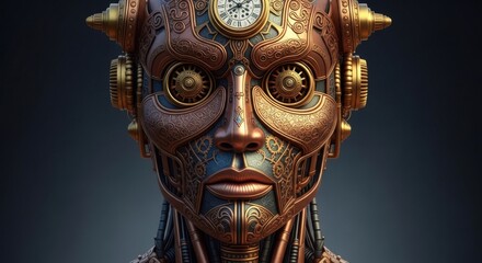 Obraz premium Intricate Steampunk Mechanical Face with Clockwork Details and Brass Accents