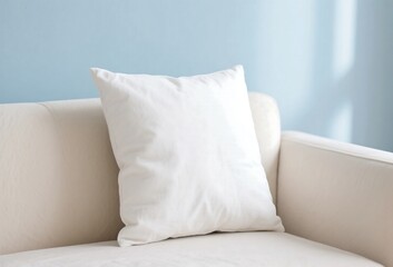 Square white cushion resting on beige sofa, soft blue wall background, mockup for home textile or interior catalog visuals