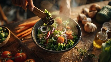 close-up of hands preparing a vibrant salad with fresh vegetables, clean kitchen, top-down angle, cinematic soft natural light