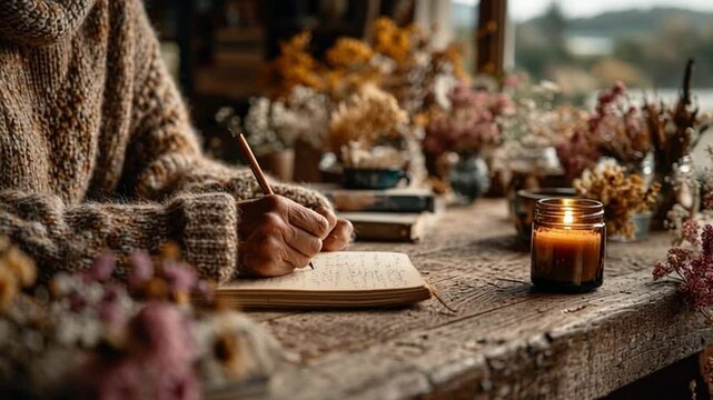 close-up of hands journaling beside a lit candle and dried flowers, rustic wooden table, natural daylight, slow-living mood, cinematic composition, high detail