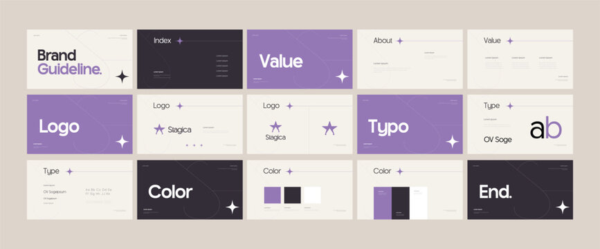 Brand guidelines template, Landscape brand identity presentation, Purple and cream, modern and clean design, Logotype guidelines template for beauty, fashion, personal brand