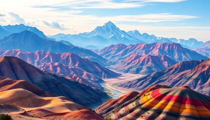 Vibrant hand-drawn mountain landscapes, diverse scenery, coastal biomes, desert dunes, multicolor hills, mountain landscape,  panoramic