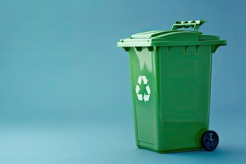Green Plastic Recycle Bin Eco Banner with Copy Space Isolated on Blue Background