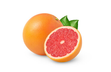 Fresh grapefruit and a cut in a half with leaves isolated.