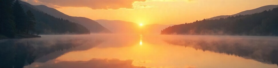 Serene Sunrise over Tranquil Lake Golden Light Reflecting on Misty Water ? Perfect Peaceful Background for Meditation, Yoga, and Nature Projects