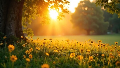 Golden Sunlight Bathes Tranquil Sunday Morning Landscape Warm Rays Illuminate Peaceful Nature Scene, Perfect for Relaxation and Reflection