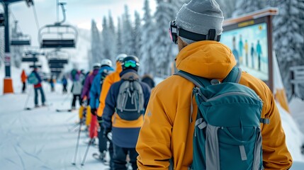 A diverse group of skiers waiting in line at a ski resort, dressed in colorful winter gear against a snowy backdrop.