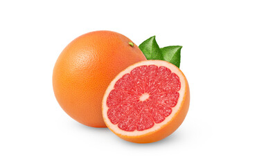 Citrus fruit with leaves cut out. Grapefruit and a half with green leaf isolated.