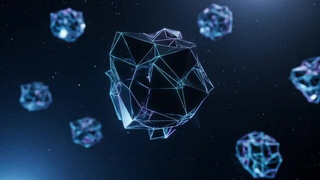 Abstract wireframe polyhedral shapes floating in deep space. 4K footage