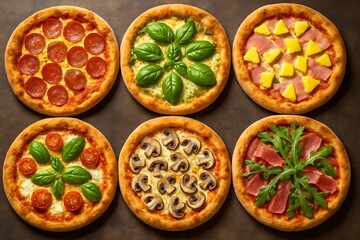 A delicious assortment of six different gourmet pizzas arranged neatly