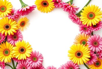 Vibrant yellow & pink gerbera daisies form a frame on pure white background, isolated, gerbera frame