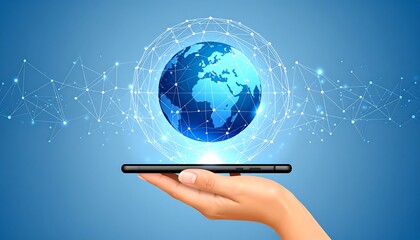 Hand holding globe network on phone.