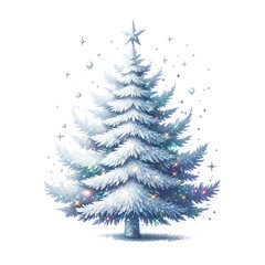 Sparkling frosted christmas tree adorned with colorful lights and a star on white background