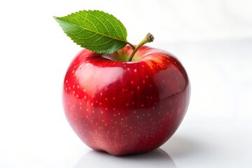 A shiny red apple with a green leaf, isolated on white background