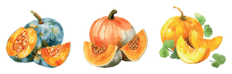 Watercolor pumpkin harvest set. Watercolor whole and sliced ​​pumpkin with seeds and leaves. Autumn harvest. Elements of autumn, Halloween, Thanksgiving, etc. Farm and village harvest.