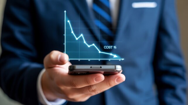 Businessman holding smartphone displaying a downward trending cost graph with percentage indicator