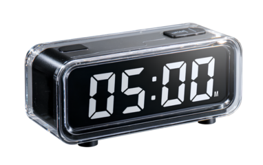 Digital alarm clock displaying 05:00 transparent background