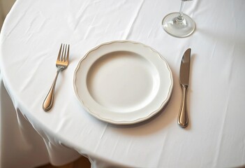 White tablecloth, ceramic plate, silverware set on table, place setting, simple