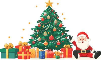 Santa Claus with gifts and a decorated Christmas tree, celebrating the winter holiday season