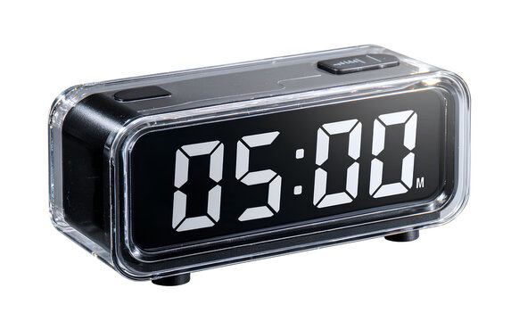 Digital alarm clock displaying 05:00 transparent background