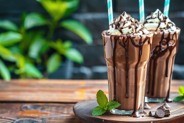 Iced Chocolate Milkshake Summer Refreshment Drinks on Wooden Background in Cafe