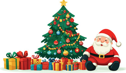 Santa Claus delivers festive Christmas gifts by a decorated tree in the winter snow