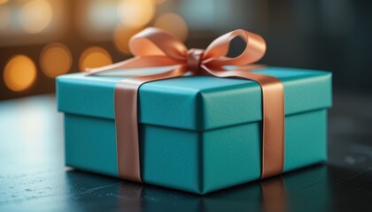 Obraz premium Elegant teal gift box tied with a delicate peach ribbon on dark background