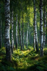 Obraz premium Outdoors tent camping among tall birch trees, sunlight filtering through leaves. Concept of outdoors tent camping invites tranquil travel experiences in serene nature. 