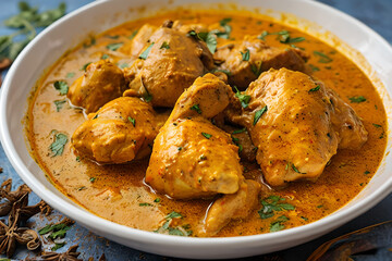 chicken curry dish served in a white bowl, showcasing a traditional homemade Middle Eastern
