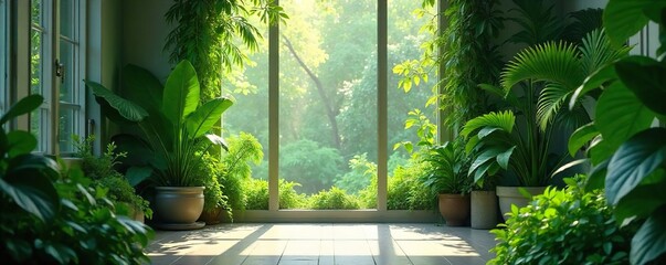 Sunlit Indoor Jungle Lush Green Foliage Creates a Vibrant and Peaceful Scene, Perfect for Home Decor and Botanical Themes