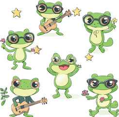 Obraz premium A fun vector set of cute green cartoon frog characters, ideal for animal illustrations