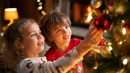 Children decorating Christmas tree together in cozy living room with fireplace, warm lights and festive atmosphere, joyful winter holiday moment – Generative AI