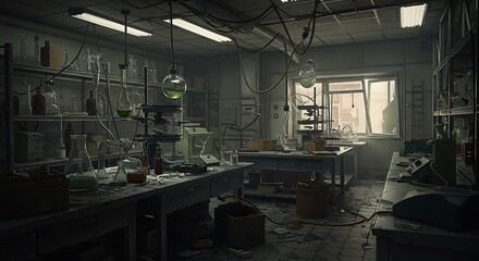 Dusty, abandoned laboratory with cluttered workstations, aging scientific equipment, and an open window letting in harsh light. The space suggests disuse, mystery, or post-disaster scientific ruin.