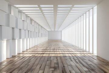 Empty Room Interior with White Rectangular Pattern Walls and a Light Wooden Floor 3D Rendering