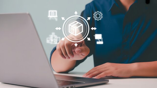 Person interacting with digital interface showing supply chain logistics and e commerce icons